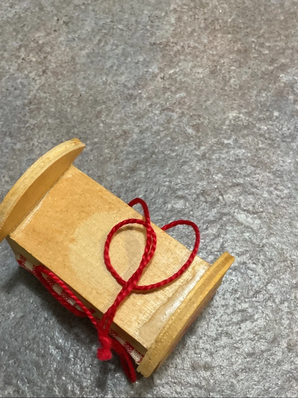 Wooden Holiday Cradle Ornament with Red Gingham Bedding made in Germany
